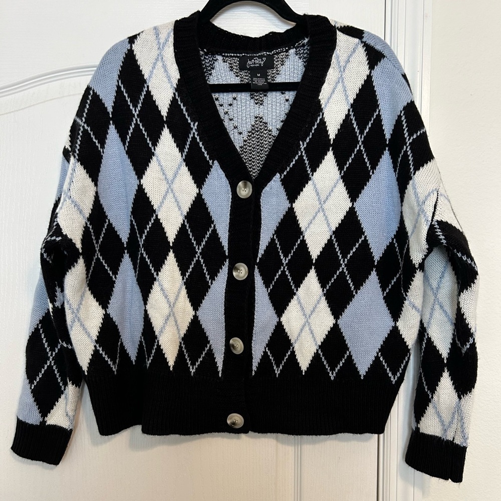 Just Polly New York Argyle Preppy Big Button Sweater Size M - Picture 1 of 3